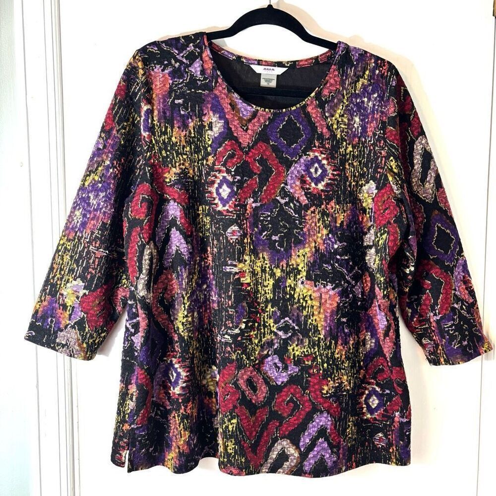 ALIA 1X abstract red purple black multi w gold metallic touches tunic